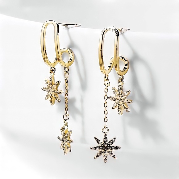 Any 2/$20! Gold U-Shaped Cradle Earrings w/Dangling Starbursts - Picture 3 of 8